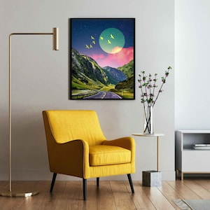 Mountain Moon Art Print Dreamy Surreal Collage Abstract Art, Colorful Art, Road Wall Decor, Pink and Green Poster, Landscape Collage, image 4