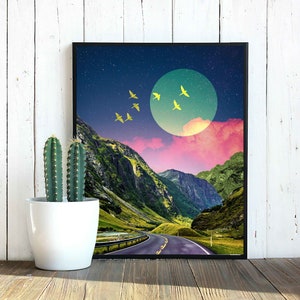 Mountain Moon Art Print Dreamy Surreal Collage Abstract Art, Colorful Art, Road Wall Decor, Pink and Green Poster, Landscape Collage, image 7