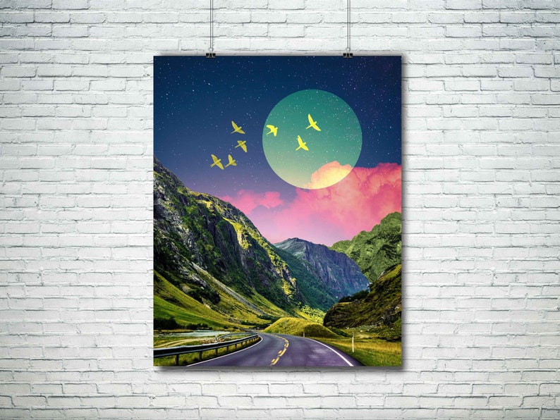 Mountain Moon Art Print Dreamy Surreal Collage Abstract Art, Colorful Art, Road Wall Decor, Pink and Green Poster, Landscape Collage, image 3