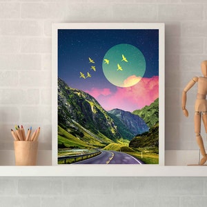 Mountain Moon Art Print Dreamy Surreal Collage Abstract Art, Colorful Art, Road Wall Decor, Pink and Green Poster, Landscape Collage, image 5