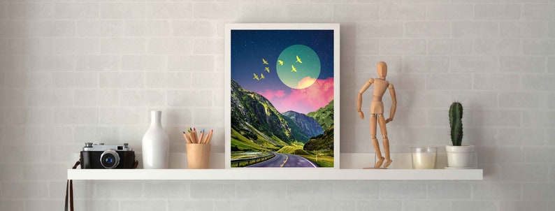 Mountain Moon Art Print Dreamy Surreal Collage Abstract Art, Colorful Art, Road Wall Decor, Pink and Green Poster, Landscape Collage, image 5