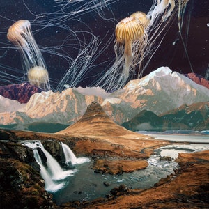 May include: A surreal landscape with a mountain range in the background and a waterfall flowing into a river in the foreground.  The sky is filled with glowing jellyfish with long, trailing tentacles.