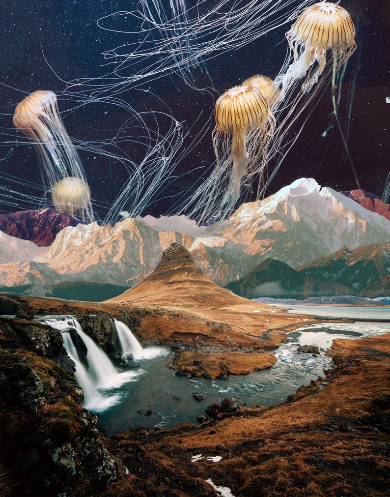 May include: A surreal landscape with a mountain range in the background and a waterfall flowing into a river in the foreground.  The sky is filled with glowing jellyfish with long, trailing tentacles.