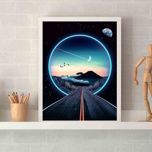 May include: A framed print of a digital art piece depicting a road leading into a glowing blue circle in a dark sky with stars and a crescent moon. The road is surrounded by mountains and clouds.