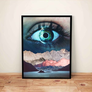 Surreal Eye Art, Celestial Decor, Lake Prints, Home Wall Art, Abstract Mountain Art, Collage Prints, Psychedelic Poster