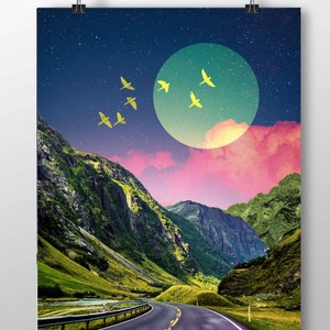 Mountain Moon Art Print Dreamy Surreal Collage Abstract Art, Colorful Art, Road Wall Decor, Pink and Green Poster, Landscape Collage, image 8