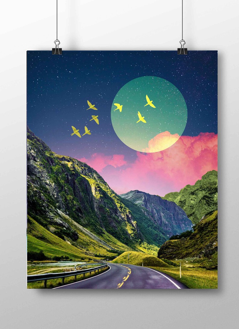 Mountain Moon Art Print Dreamy Surreal Collage Abstract Art, Colorful Art, Road Wall Decor, Pink and Green Poster, Landscape Collage, image 8