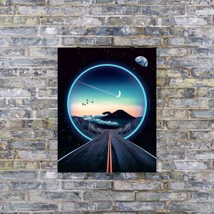May include: A digital art print featuring a road leading into a glowing blue circle. The circle is set against a dark blue sky with stars and a crescent moon. A mountain range is visible in the distance.