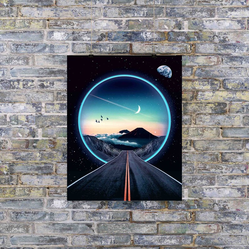 May include: A digital art print featuring a road leading into a glowing blue circle. The circle is set against a dark blue sky with stars and a crescent moon. A mountain range is visible in the distance.