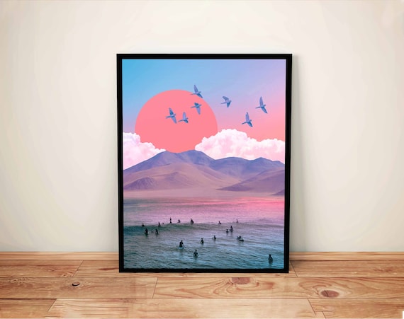 Surreal Beach Art Print: California Coast, Whimsical Mountains