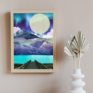 Northern Lights Art, Mountain Wall Art, Lake house decor, Surreal Art, Dock on the lake art, blue and purple wall art, Moon Print image 6