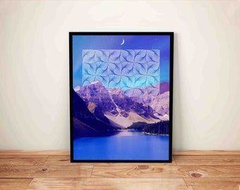 Mountain Wall Decor - Surreal Collage Art of Moon and Lake | Abstract Art Print, Trippy Poster, Banff Wall Art
