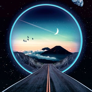 May include: A digital art illustration of a road leading to a glowing blue circle portal in the sky. The portal reveals a mountain range with clouds and a crescent moon. The text "DREAMFRINGE" is at the bottom of the image.