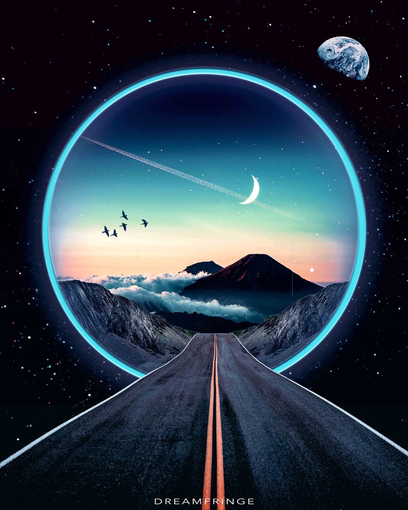 May include: A digital art illustration of a road leading to a glowing blue circle portal in the sky. The portal reveals a mountain range with clouds and a crescent moon. The text "DREAMFRINGE" is at the bottom of the image.