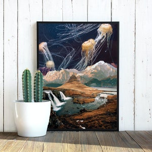 May include: A digital collage featuring a landscape with mountains, a river, and waterfalls. The sky is filled with glowing jellyfish with long, trailing tentacles.