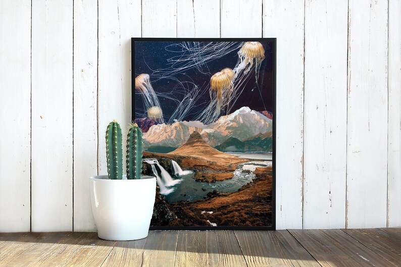 May include: A digital collage featuring a landscape with mountains, a river, and waterfalls. The sky is filled with glowing jellyfish with long, trailing tentacles.