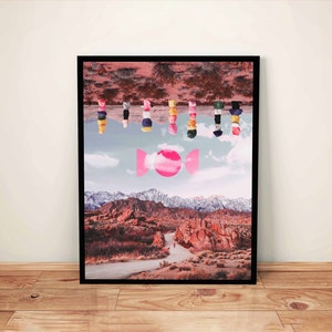 Surreal Pink Desert Art Print Collage of Seven Magic Mountains Abstract Moon Phase Art, Trippy Art, Colorful Landscape Decor image 1