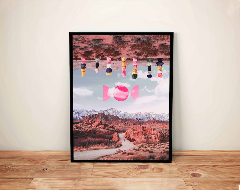 Surreal Pink Desert Art Print Collage of Seven Magic Mountains Abstract Moon Phase Art, Trippy Art, Colorful Landscape Decor image 1