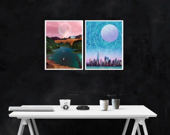 Set of 2 11x14" Prints, Wall Art, Home Office Wall Art, Surreal Lunar Art, Digital Collage Prints, New York City Art, Abstract Cove Art