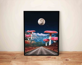 Surreal Mushroom Art Print: Trippy Collage, Psychedelic Wall Decor