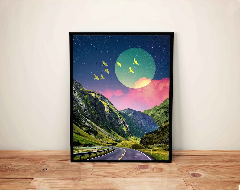 Mountain Moon Art Print Dreamy Surreal Collage Abstract Art, Colorful Art, Road Wall Decor, Pink and Green Poster, Landscape Collage, image 1