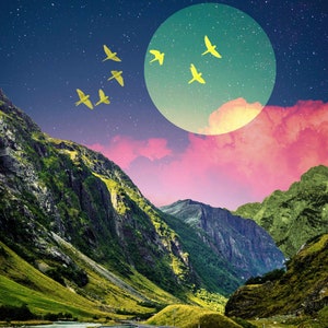 Mountain Moon Art Print Dreamy Surreal Collage Abstract Art, Colorful Art, Road Wall Decor, Pink and Green Poster, Landscape Collage, image 2
