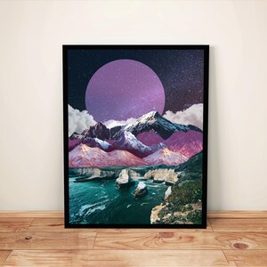 Surreal Mountain Moonscape Art Print: Abstract Coastal Collage