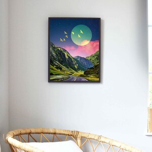 Mountain Moon Art Print Dreamy Surreal Collage Abstract Art, Colorful Art, Road Wall Decor, Pink and Green Poster, Landscape Collage, image 10