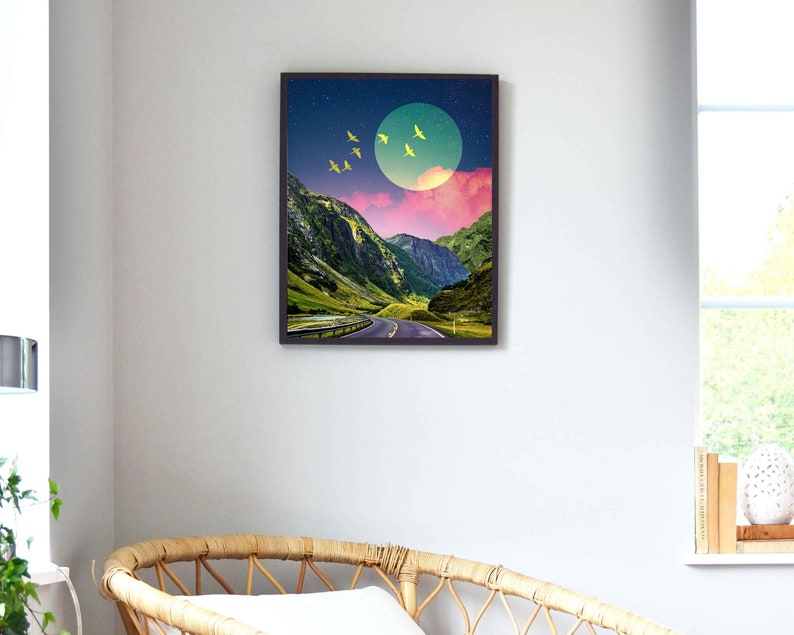 Mountain Moon Art Print Dreamy Surreal Collage Abstract Art, Colorful Art, Road Wall Decor, Pink and Green Poster, Landscape Collage, image 10