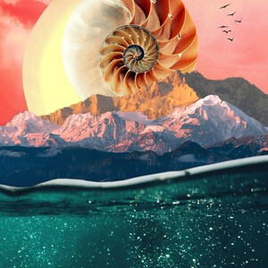 May include: A surreal collage featuring a large nautilus shell rising from a mountain range, with a pink sky and a flock of birds flying overhead. The mountain range is partially submerged in a turquoise body of water.