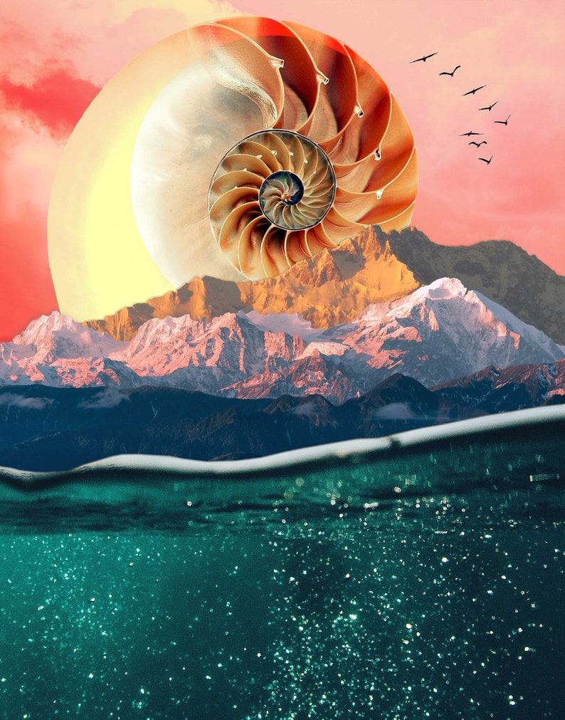 May include: A surreal collage featuring a large nautilus shell rising from a mountain range, with a pink sky and a flock of birds flying overhead. The mountain range is partially submerged in a turquoise body of water.