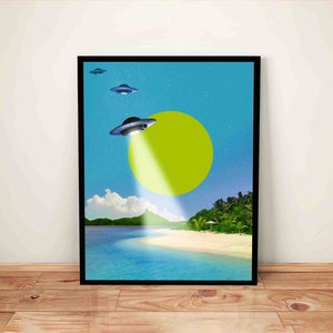 Surreal UFO Beach Art Print: Trippy Space Collage