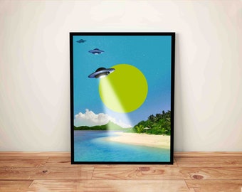 Surreal UFO Beach Art Print: Trippy Space Collage