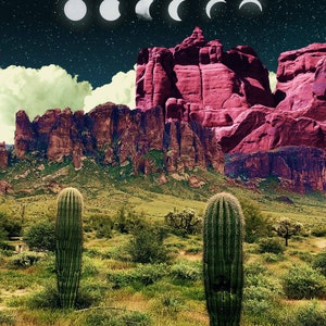May include: A desert landscape with two tall green cacti in the foreground. The background features a pink rock formation with a dark blue sky and white crescent moons.