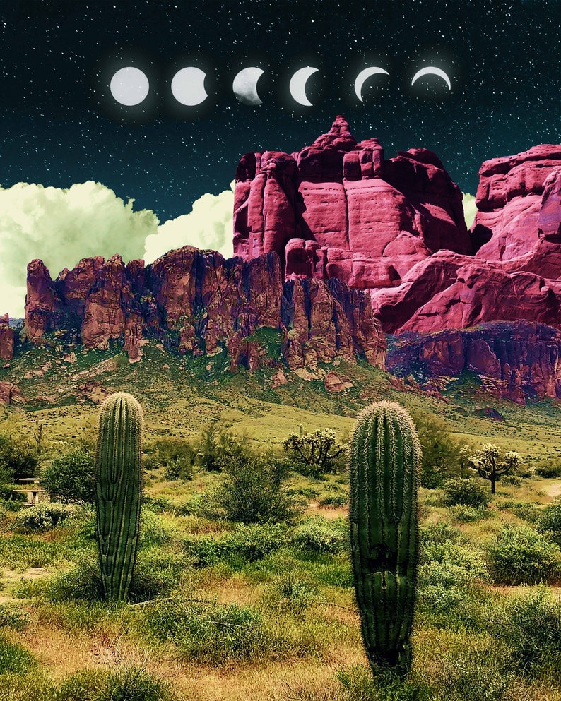 May include: A desert landscape with two tall green cacti in the foreground. The background features a pink rock formation with a dark blue sky and white crescent moons.
