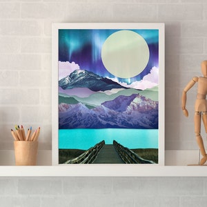 Northern Lights Art, Mountain Wall Art, Lake house decor, Surreal Art, Dock on the lake art, blue and purple wall art, Moon Print image 8