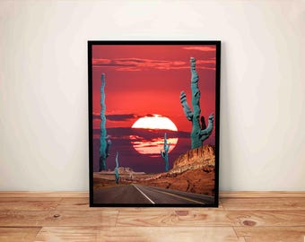 Surreal Desert Sunset Collage, Trippy Cactus Artwork, Psychedelic Print, Southwestern Wall Decor, Surreal Landscape Poster