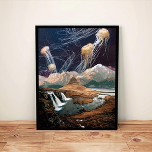 May include: A surreal collage featuring a landscape with a waterfall and mountains, with jellyfish floating in the sky above.