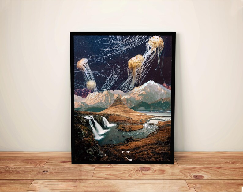May include: A surreal collage featuring a landscape with a waterfall and mountains, with jellyfish floating in the sky above.
