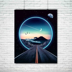May include: A digital art print featuring a road leading into a glowing blue circle. The circle is set against a dark blue background with stars and a crescent moon. A small planet is visible in the upper right corner.
