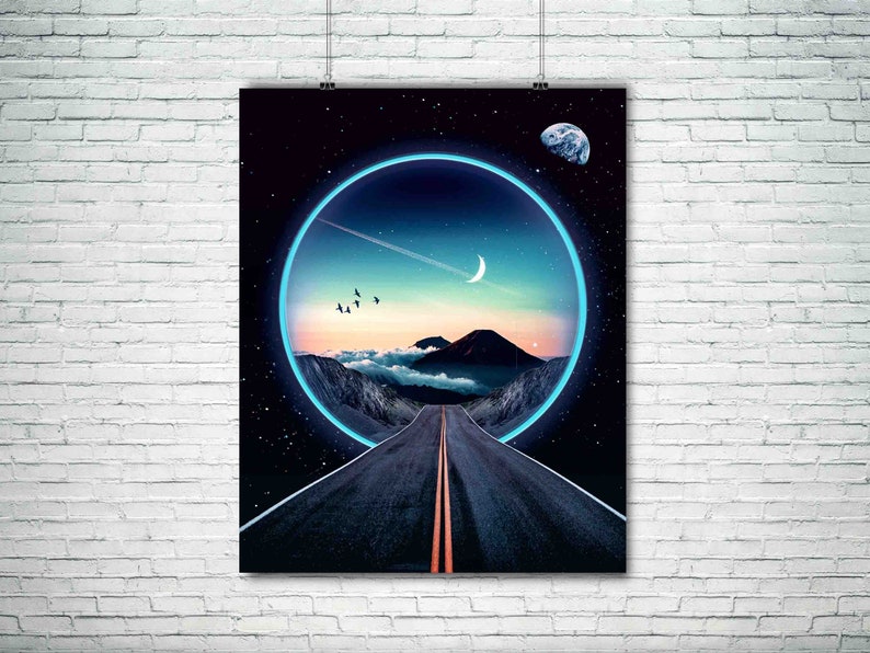 May include: A digital art print featuring a road leading into a glowing blue circle. The circle is set against a dark blue background with stars and a crescent moon. A small planet is visible in the upper right corner.