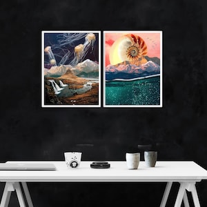 May include: Two framed art prints with a surrealist collage aesthetic. The left print features a mountain landscape with waterfalls and jellyfish floating in the sky. The right print shows a seashell with a sunset behind it.