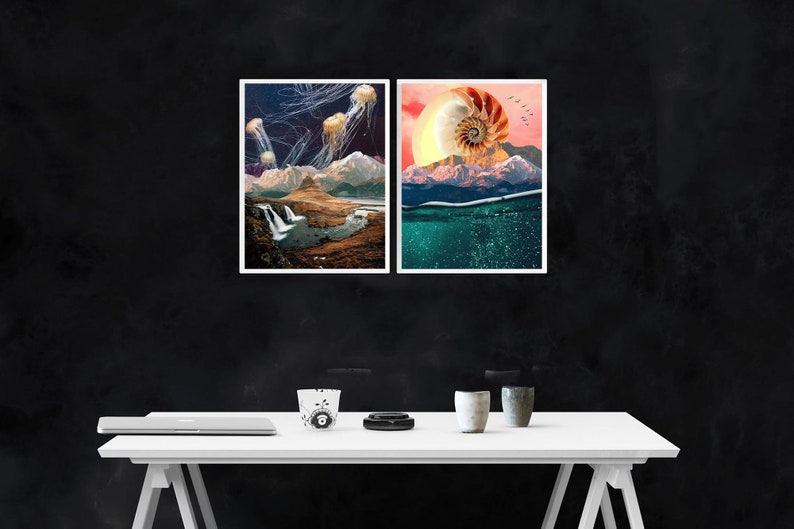May include: Two framed art prints with a surrealist collage aesthetic. The left print features a mountain landscape with waterfalls and jellyfish floating in the sky. The right print shows a seashell with a sunset behind it.
