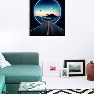 May include: A digital art print featuring a road leading into a glowing blue circle with a crescent moon and stars in the background. The road is surrounded by mountains and clouds.