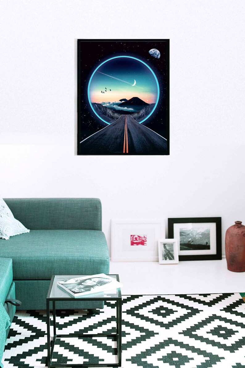 May include: A digital art print featuring a road leading into a glowing blue circle with a crescent moon and stars in the background. The road is surrounded by mountains and clouds.