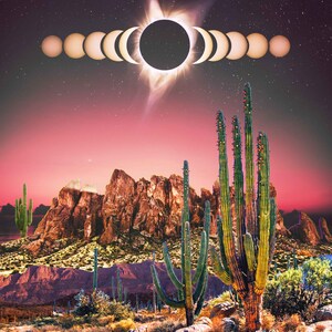 May include: A digital art print featuring a desert landscape with tall cacti and a mountain range in the background. The sky is a vibrant pink and purple with a black sun and a ring of light around it. The text "DREAMFRINGE" is at the bottom of the image.