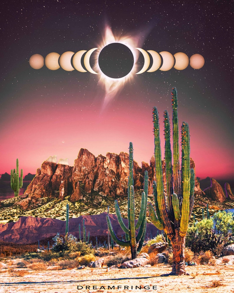 May include: A digital art print featuring a desert landscape with tall cacti and a mountain range in the background. The sky is a vibrant pink and purple with a black sun and a ring of light around it. The text "DREAMFRINGE" is at the bottom of the image.