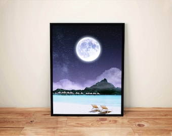Tropical Beach Art Print: Surreal Moon Giclée Collage