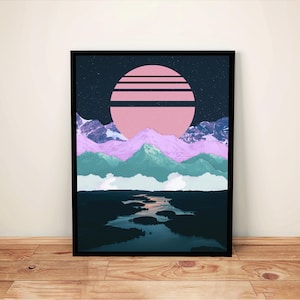 Mountain and Moon Art Print - Abstract River Art, Surreal Collage Print, Pink Landscape Poster, Wall Decor Boho