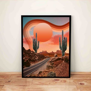 Arte de la pared del desierto, cartel de los años 70, arte del desierto, impresión de cactus, impresiones de collage digital, arte de Utah, arte Moab, arte surrealista, arte trippy, arte psicodélico